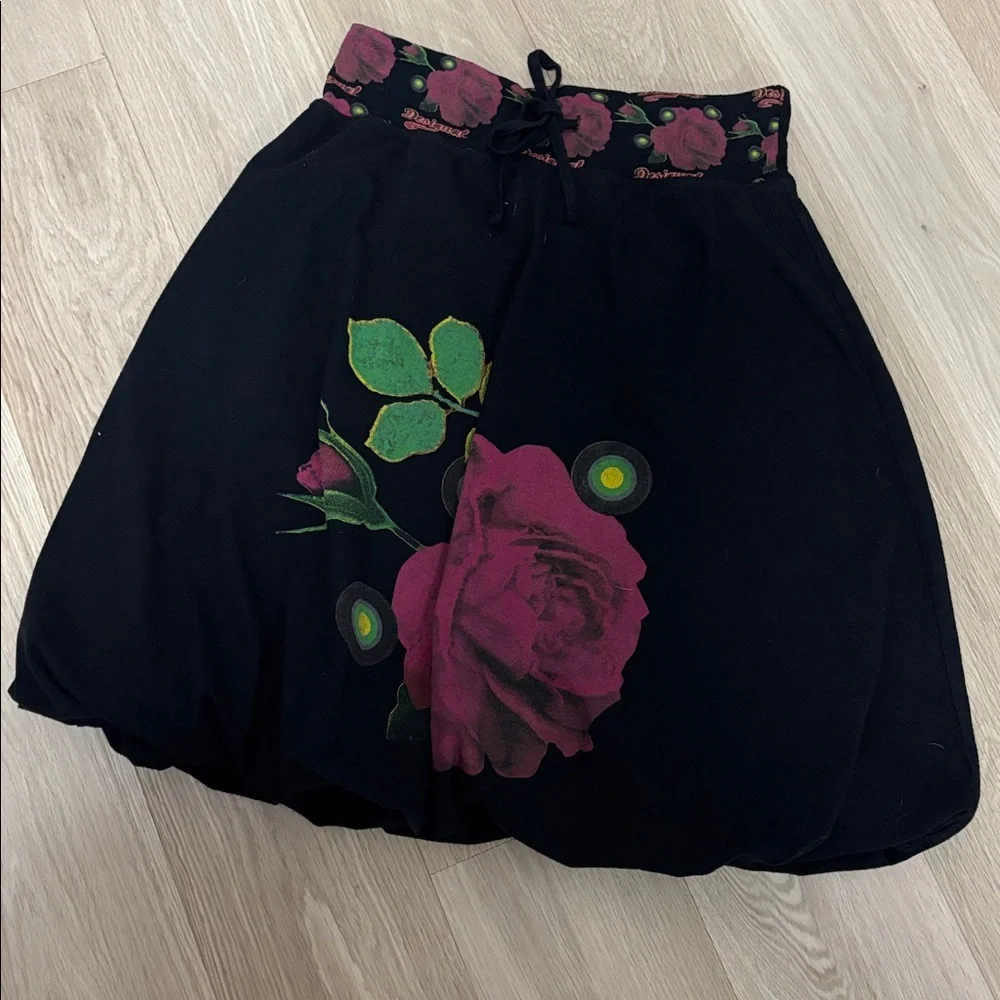 DESIGUAL (M) Balloon Floral Skirt Above Knee Elastic Waist Tie Soft Black - Picture 7 of 13